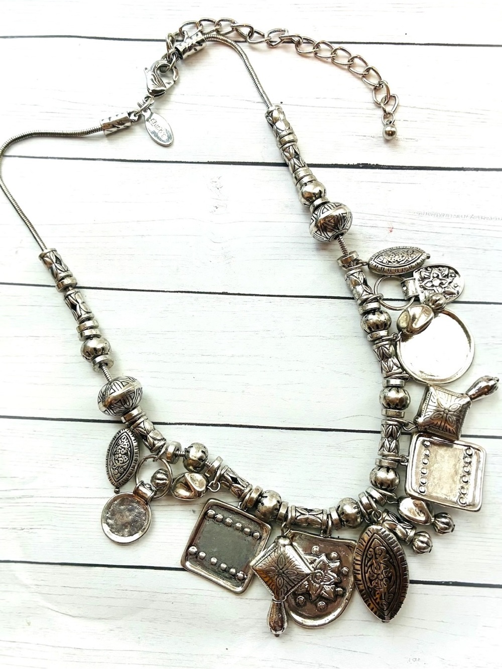 NEW NWOT Chico's Silver Textured Etched Boho Charm Necklace Never Worn
